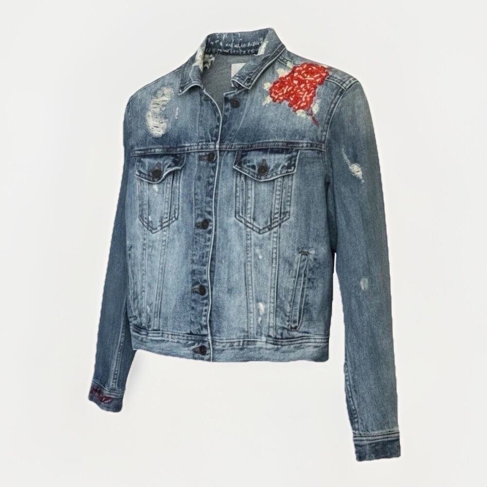 American Eagle Distressed Embroidered Denim Jacket Womens Sz XS Boho Hippie Y2K